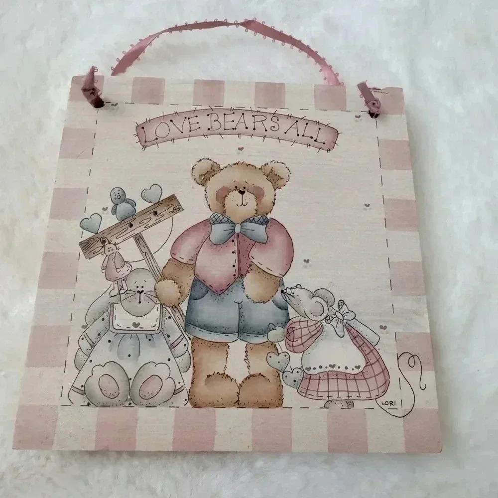 Vintage Love Bears All Wooden Bear Sign Decor Cottagecore Handmade Painted 90’s
